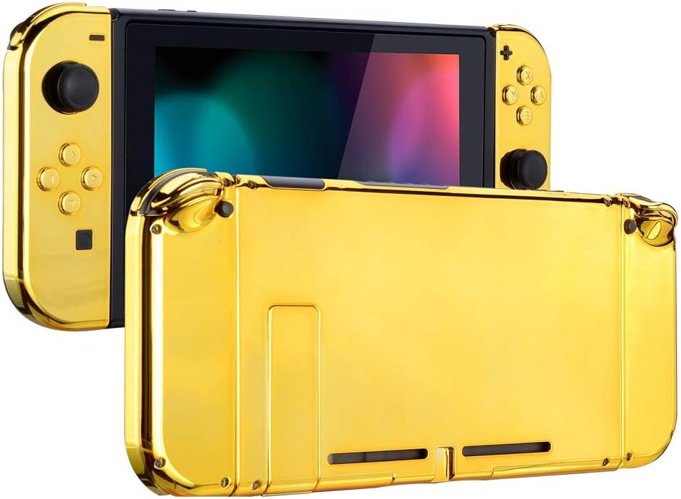 eXtremeRate Back Plate for Nintendo Switch Console, NS Joy con Handheld Controller Housing with Full Set Buttons, DIY Replacement Shell for Nintendo Switch - Chrome Gold