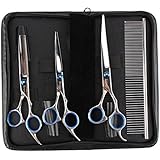 Dog Grooming Scissors, Kenor Stainless Steel Professional PET DOG Home Grooming Scissors Suit Cutting Curved Thinning Shear with a Free Gift Pet Triangle (Silver)