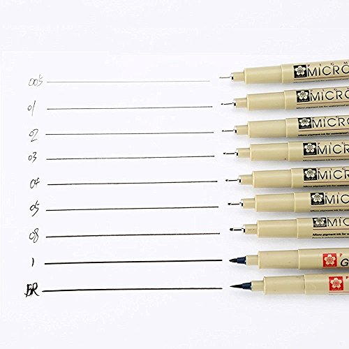 Sakura 9 Stücke Pigment Liner Pigma Micron Tinte Fineliner Satz 005 01 02 03 04 05 08 1 Bürste mit Stiftetui, Schwarz, Hergestellt in Japan