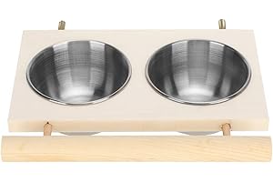 SH-RuiDu Gamelle pour perroquet avec étagère en bois, gamelle en acier inoxydable pour oiseaux (double gamelle)