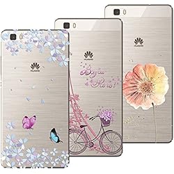 Yokata Funda para Huawei P8 Lite (2015/2016), Carcasa Transparente Silicona TPU Ultra Suave Case con Dibujo Animados Anti-Arañazos Caso Cover [3 Pack] - Torre Bicicleta + Flores Mariposas + Flores