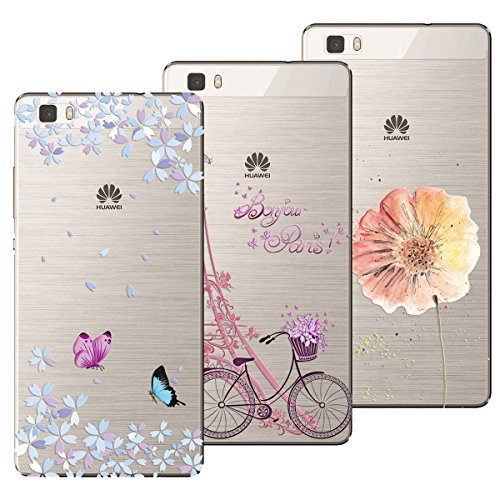 Yokata Funda para Huawei P8 Lite (2015/2016), Carcasa Transparente Silicona TPU Ultra Suave Case con Dibujo Animados Anti-Arañazos Caso Cover [3 Pack] - Torre Bicicleta + Flores Mariposas + Flores