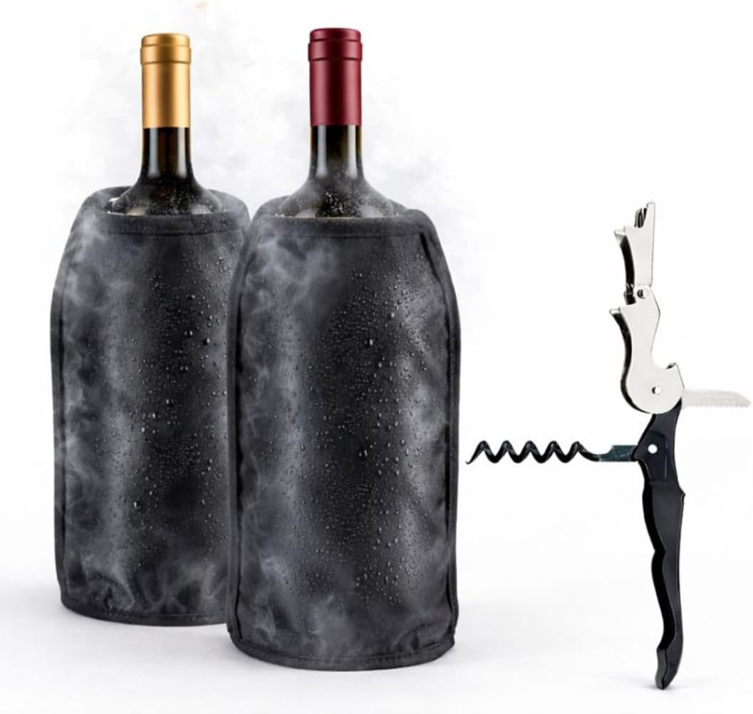 Pack 2 Enfriadores de Botellas de Vino + Sacacorchos Camarero | Funda Enfriadora con Gel Refrigerante Interior | Manga Enfriadora para Vino, Cava y Champagne | 15,5x22,5 cm (negro)