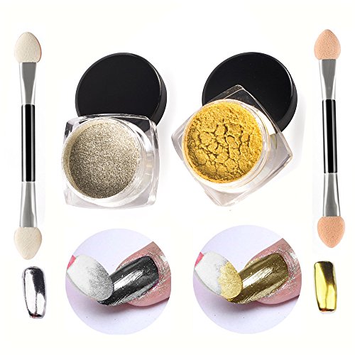 VALUE MAKERS 2 Box 2-3g Mirror Nail Glitter Powder-Gold Silver Pigment Powder Nail Art Chrome-Shinning Nail Mirror Powder-Glitter Dust Powder Tip Decoration Nails Art-Beauty Makeup Cosmetics Tools Kit with 2Pcs Sponge Stick