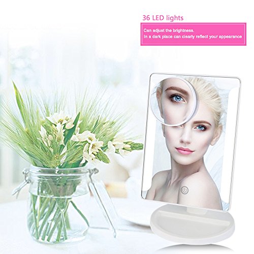 36 Dimmbare LED Makeup Spiegel, Touch Screen Kosmetikspiegel mit Abnehmbarem 10X Vergrößerungsfleck, Tragbarer Beleuchteter Eitelkeitsspiegel, USB und Batterien Geeignet Oben-Unten Schwenken Rasierspiegel für Reisen, Dressing, Rasieren (Weiß) - 3