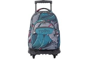TOTTO - Mochila Escolar con Ruedas, Modelo Renglones, Capacidad 26,21 Litros, Bolsillo para PC 14" y Bolsillo para Botella, Correas en S para Mayor Comodidad, Resistente, Estampado Gris y Azul