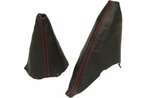 THE TUNING-SHOP Soufflet de levier de vitesses + soufflet de frein à main en cuir italien Noir / coutures rouges