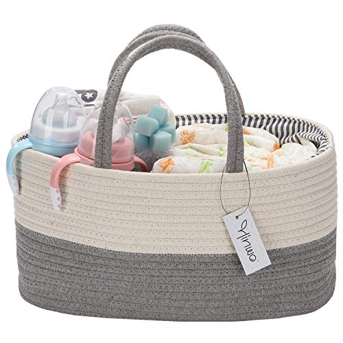 Hinwo Baby Diaper Caddy 3-Compartment Infant Nursery Tote Storage Bin Portable Car Organizer Newborn Shower Gift Basket Cotton Rope with Detachable Divider for Diapers & Wipes