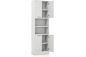 GiantexUK 4-Door Tall Kitchen Cupboard, 190CM Wooden Storage Cabinet with 2 Open Compartments & 2 Enclosed Cabinets, Freestanding Display Sideboard for Dining Living Room Pantry (White Oak)