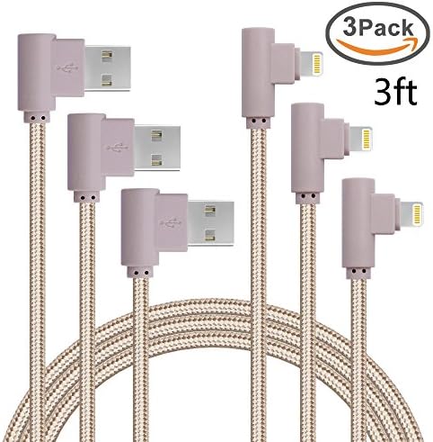 JJCall Right Angled Lightning cable 3pack 3feet (1m) ABS Plastic shell Nylon Braided USB Charging Cable with Lightning Connector for iPhone 7/7plus, iPhone 6s/6/6plus,iPhone SE/5s/5c/5, iPad mini, iPad Air, iPad Pro, iPod touch 6th Gen / nano 7th Gen(3*3ft Gold)