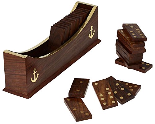 RoyaltyRoute Handcrafted 28 Pieces Double Six Wooden Dominoes Set with Tile Holder - Game for Kids and Adults