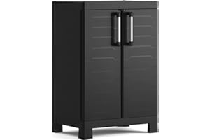 KETER Armoire Basse Detroit - Armoire de Rangement Multifonctions - Étagères Modulables, Pieds renforcés et Ajustables - Cuisine, Garage, Atelier, Placard - 65 x 39 x 97 cm - Noir