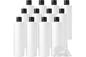 ZEOABSY 12 Pièces 250 ML Blanc Bouteille en Plastique avec Bouchon à Charnière Noir, Épaule Plate Vider Bouteille Ronde en PET de Voyage pour Cosmétiques Liquides