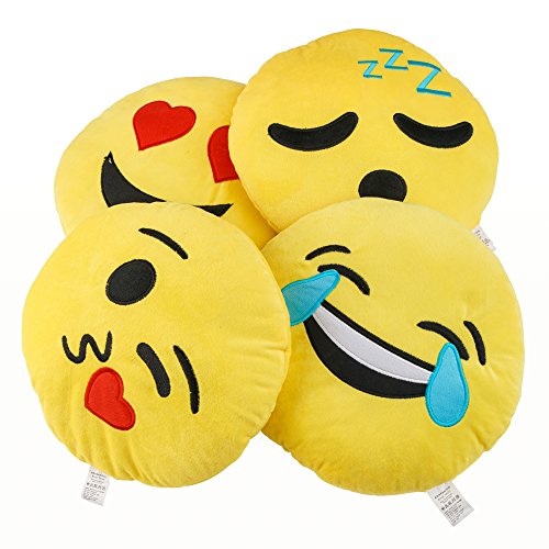 Emoji Kissen 4 er Set, 30 cm / 12 Zoll Gelbe Runde dick, Plüsch und weiche Emoticon Kissen - 5