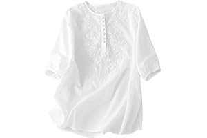 AMHOMELY Summer Womens Cotton Linen Loose Blouse Floral Tops Ladies T-Shirts Elegant Embroidery Tunic Tops V Neck Loose Swing Tops Plus Size Floaty Tee Shirts Elegant Party Evening Wedding
