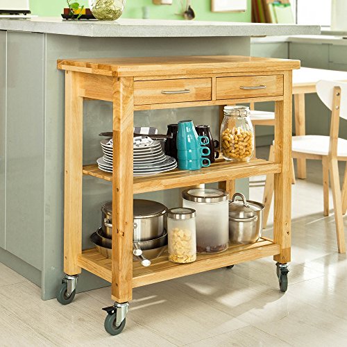 SoBuy® Servierwagen aus Kautschukholz ,Küchenwagen,Küchenregal, Rollwagen ,B80xT40xH90cm, FKW24-N - 4