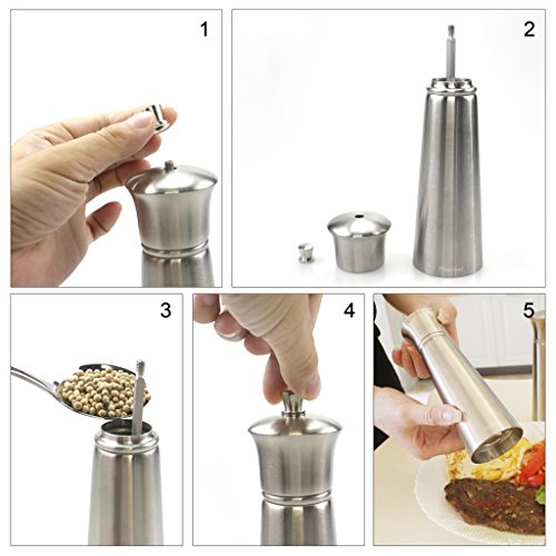 Finether Gewürzmühle und Gewürzstreuer 2 teiliges Set Salzstreuer/Pfefferstreuer Salzmühle/Pfeffermühle mit einstellbarem Keramikmahlwerk manuell aus Edelstahl leer FT-147 - 3