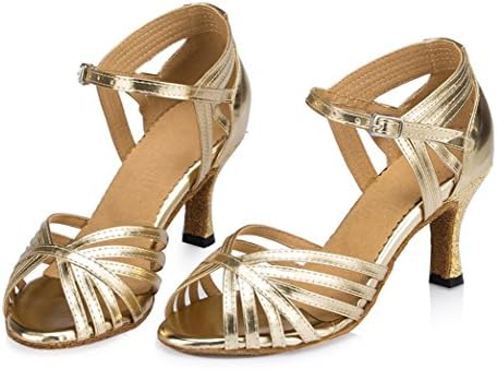Fashion Women Dance Shoes High Heel Leather Cow Suede Latin Salsa Tango Ballroom Ankle Strappy Buckle Sandals Gold . A . 40