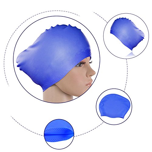 Ipow 2-Stück Hochwertige Silikon Badekappe Bademütze Badehaube für lange Haare gesund und warm Swim Cap (Pink + Blau) - 2