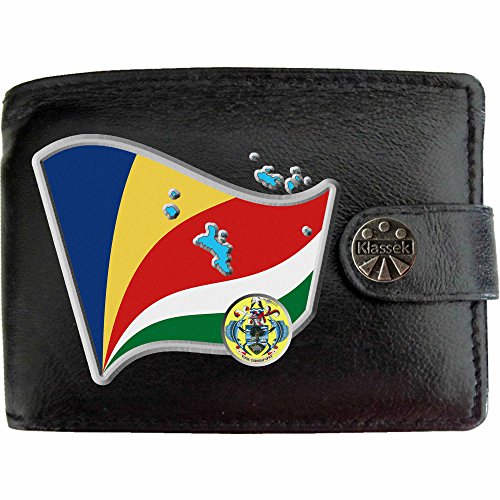 Preisvergleich Produktbild Seychellen Flagge KLASSEK Herren Geldbörse Portemonnaie Brieftasche Seychellen Wappen aus echtem Leder schwarz Seychelles Geschenk Präsent Mit Metallbox