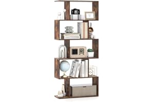 SFAREST 5/6 Tier Bookcase, Wooden S-Shaped Bookshelf, Freestanding Shelving Display Storage Organizer Unit for Living Room Study Room Office (Rustic Brown, 70 x 24 x 158cm)