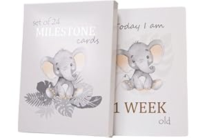 Happy Homewares Cute Baby Elephant Grey Quirky and Fun Set of 24 Milestone Cards for Boy or Girl | Perfect Baby Shower & New Born Baby Gift Idea