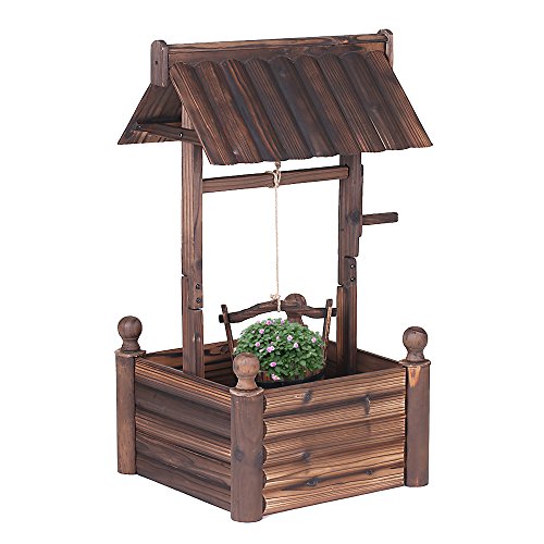 iKayaa Dekobrunnen Holzbrunnen Zierbrunnen Brunnen Gartenbrunnen aus Holz mit Dach