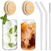 Glass Beverage Cup Set with Bamboo Lid, 2 Glass Straws and Cleaning Brush