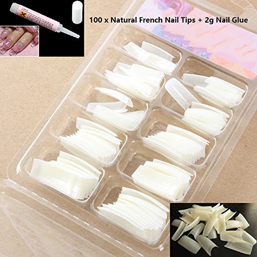 LyDia® Professional 10 Sizes 100pcs Package False/Fake French Nail Tips in most popular colours White/Clear/Natural for Nail Art Acrylic/UV Gel/French Nail/Nail Extension/Nail Decoration + Free 2g Nail Adhesive Glue (100pcs NaturalNailTips-3+Glue)