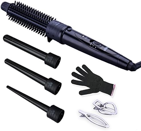 Professional Curling Iron Wand Set with Interchangeable Tourmaline Ceramic Barrels, 4 in 1 Hair Curling Iron Brush &amp; Curling Tongs, with heat resistant glove