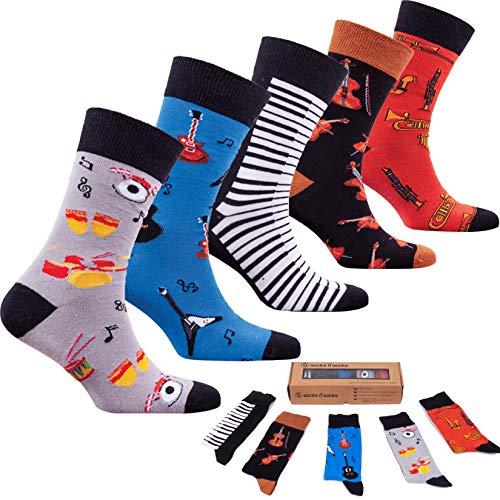 socks n socks-Hombres 5 pares Colorido Algodón Novedad Música Piano Guitarra Calcetines Caja de Regalo