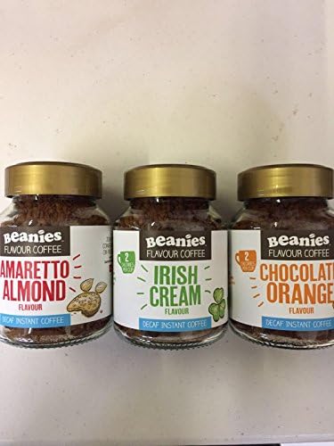 Beanies Decaf Instant Flavoured Coffee 3 x 50g Jars Decaf Amaretto Almond, Decaf Irish Cream & Decaf Chocolate Orange
