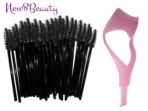 Disposable Eyelash Mascara Wands Brush Set - Black - FREE Mascara Shield Applicator Guard Guide Comb & Beauty eBook - High Quality Eyelash Extension Spoolies Applicators. 50 pc bulk pack - Makeup Tool Kit for Professional MUA - By New8Beauty