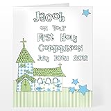 Personalised Whimsical Church Blue 1st Holy Communion Card
