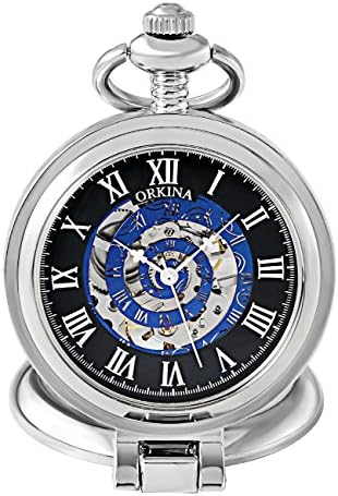 ORKINA Classic Silver Hollow Case Black Dials Skeleton Roman Numerals Mechanical Hand Wind Pocket Watch Fob with Chain + Gift Box