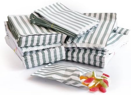 100x Grey Candy Stripe Sweet/Gift Paper Bags - 10" x 14"