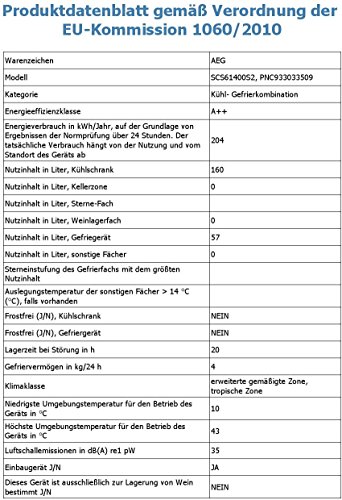 AEG SCS61400S2 Kühl-Gefrier-Kombination / A++ / 144,1 cm Höhe / 204 kWh/Jahr / weiß / 160 L Kühlteil / 57 L Gefrierteil / Schlepptürtechnik -