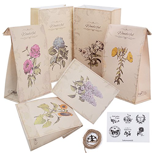 BETESSIN 24pcs Bolsas de Papel Kraft para Regalos (12*6*22cm) 6 Estilos con Pegatinas Cuerda Colgante para Boda Fiestas Bautizo Cumpleaños Conunión Chocolates Caramelos Dulces Galletas