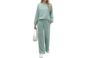 REORIA Women Cotton Lounge Wear Sets Crew Neck Tracksuit Set Two Piece Outfit Long Sleeve Top and Wide Leg Pants Co Ord Sets