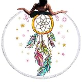 Serviette Ronde de Plage Microfibre Motif Capteur de Rêves Bohémien Tapis Rond Grande Taille Salon Ethnique Tapisserie Attrape Reve Chambre Deco Cache-maillots et Sarong Pareo a Frange Bikini Cover Up