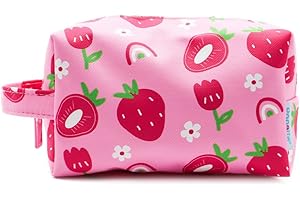 PONETTE - Neceser Infantil en Tejido Rosa con Divertido Estampado de Fresones, Tulipanes, Margaritas y Arco Iris, Niño, Niña, Viaje, Estuche, Bolsa, Piscina, Colegio, Marca Española