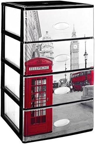 Great Plastic Stackable 4 Drawer Set with Crystal Front Decorated London, Black, Set of 21