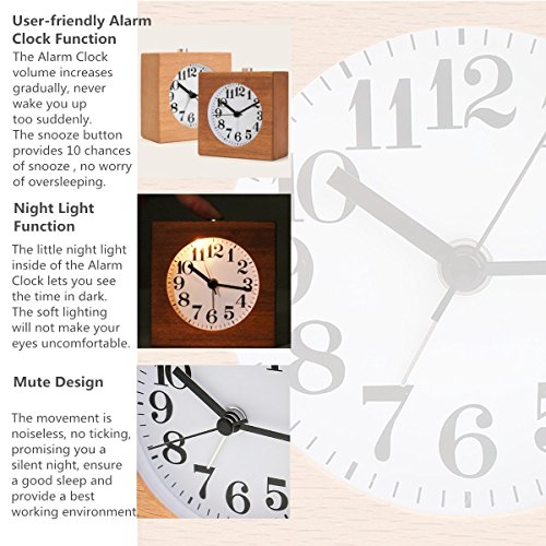 Holz Wecker von Baban kleine Nachttischuhr Tischuhren Stumm Uhr Licht- und Weckfunktion/Schlummerfunktion mit Nachtlicht Schlafen Bedside Wecker für Studenten Kinder Sapele - 4