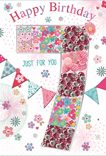 Gold Dragon International Or carte d'anniversaire Fille de 7 ans - Big Fraises, fleurs et boutons 19,1 x 13,3 cm