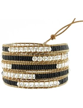 Lederarmband schwarz mit schwarzen und transparenten Kristallen und Edelstahl - Wickelarmband