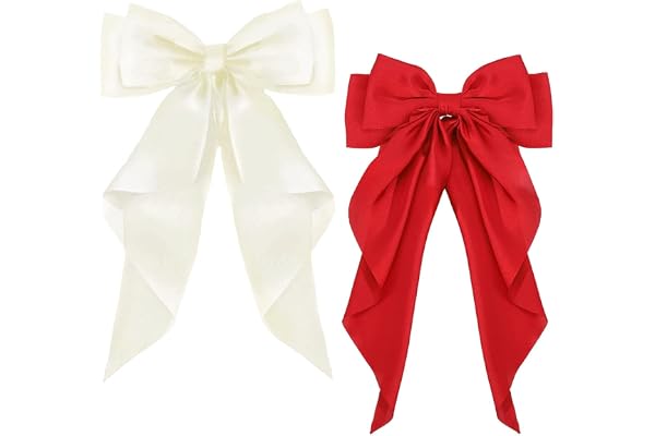 ZEVONDA Grande Pince à Cheveux - Arcs à Cheveux Grand Pinces à Cheveux Big Bow avec Long Satin Soyeux Barrettes à Cheveux pour Filles Femmes, Blanc laiteux + Rouge (2PCS)