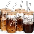 DWTS DANWEITESI Glass Cups with Lids and Straws 4pcs Set 16oz Iced Coffee Cups,Glass Coffee Cups with Lids and Straw,Beer Can Glass with Lids and Straw
