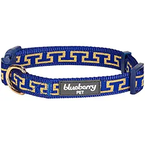 Blueberry Pet 4 Patterns Gold Metallic Thread T-Shape Royal Blue Adjustable Dog Collar, Medium, Neck 14.5