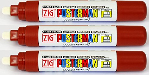 Zig Kuretake Posterman Brown Extra Broad (15mm) Nib Tip Liquid Chalk Marker Pens Waterproof Blackboard Whiteboard Outdoor Glass Metal Plastic Wood Paper Thick Jumbo (Pack Of 3)
