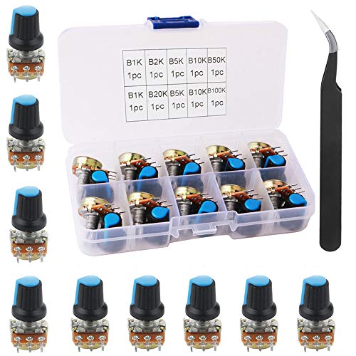 RUNCCI Potenciómetro 20K 2K 50K 100k 1k 10k 5k kit de potenciómetro rotativo de cónico, eje WH148 3Pin 15mm con tuerca y anillo de hierro y pinzas antiestáticas